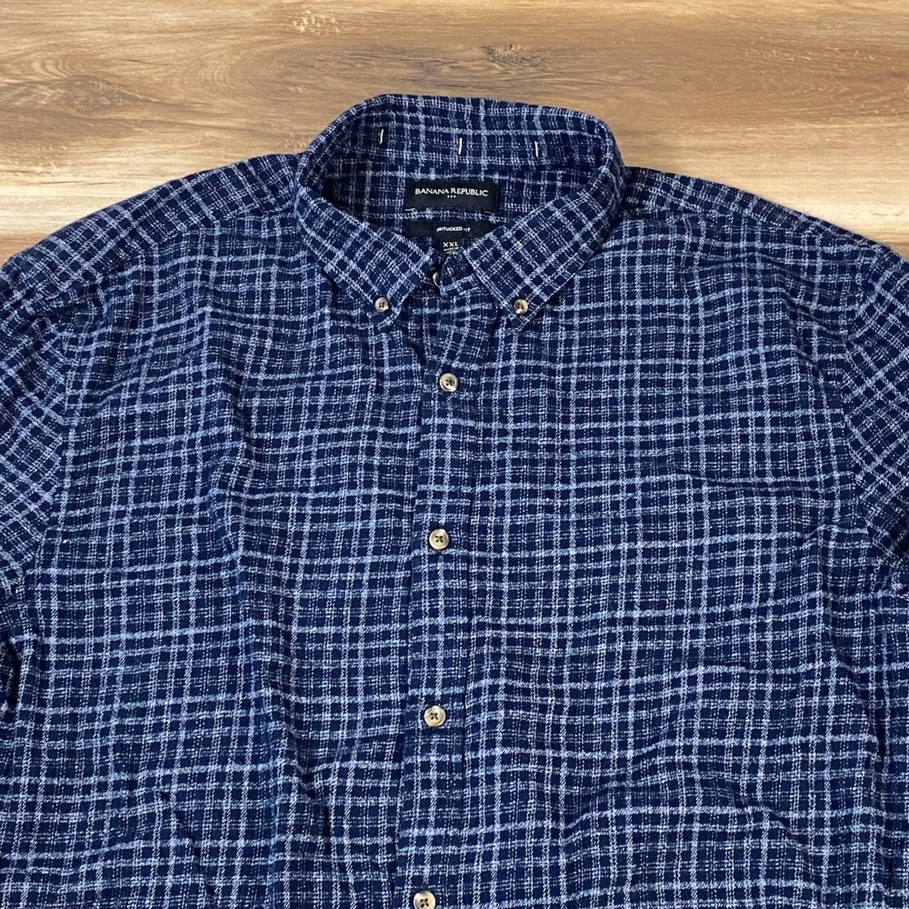 Banana Republic Flannel Shirt Mens‎ XXL Untucked Fit Grid Navy Blue